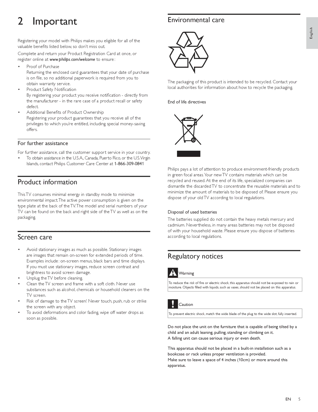 Philips 40PFL7505D Product information, Screen care, Environmental care, Regulatory notices, For further assistance 