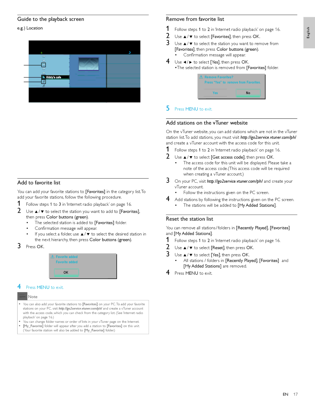 Philips 40PFL7705D Guide to the playback screen, Remove from favorite list, Add to favorite list, Reset the station list 