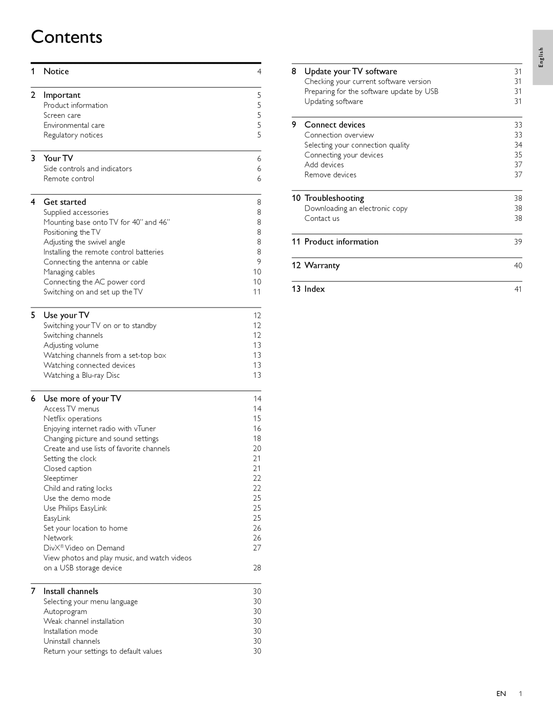 Philips 55PFL7705D, 40PFL7705D, 46PFL7705D user manual Contents 