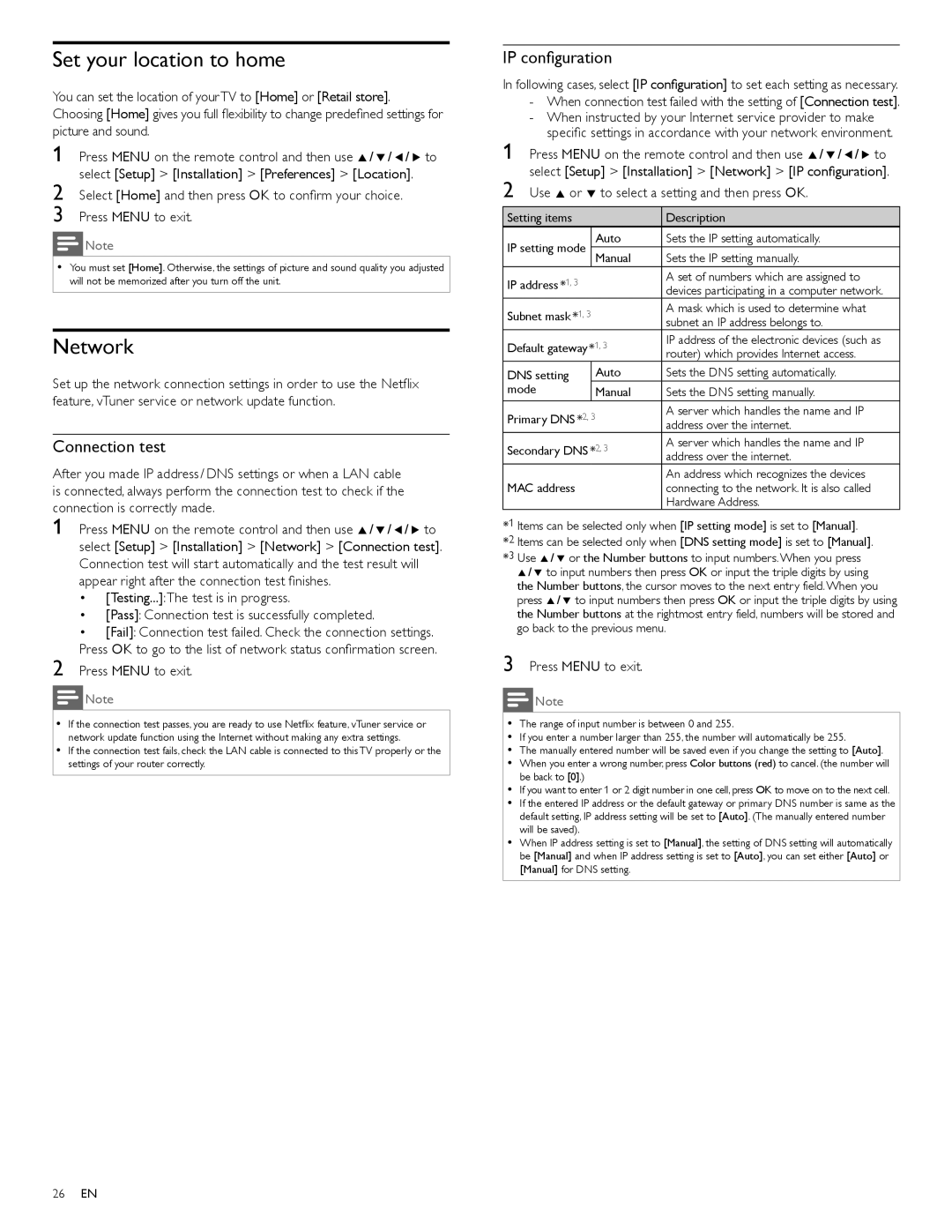 Philips 40PFL7705D, 46PFL7705D, 55PFL7705D user manual Set your location to home, Network, Connection test, IP conﬁguration 