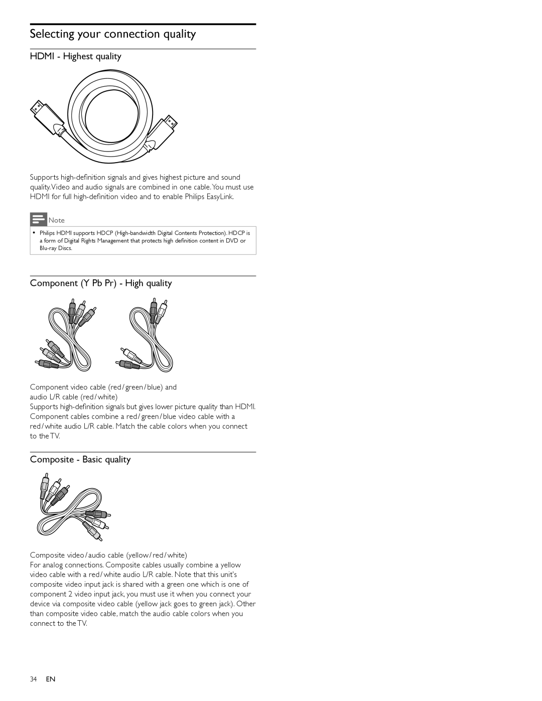 Philips 55PFL7705D, 40PFL7705D Selecting your connection quality, Hdmi Highest quality, Component Y Pb Pr High quality 
