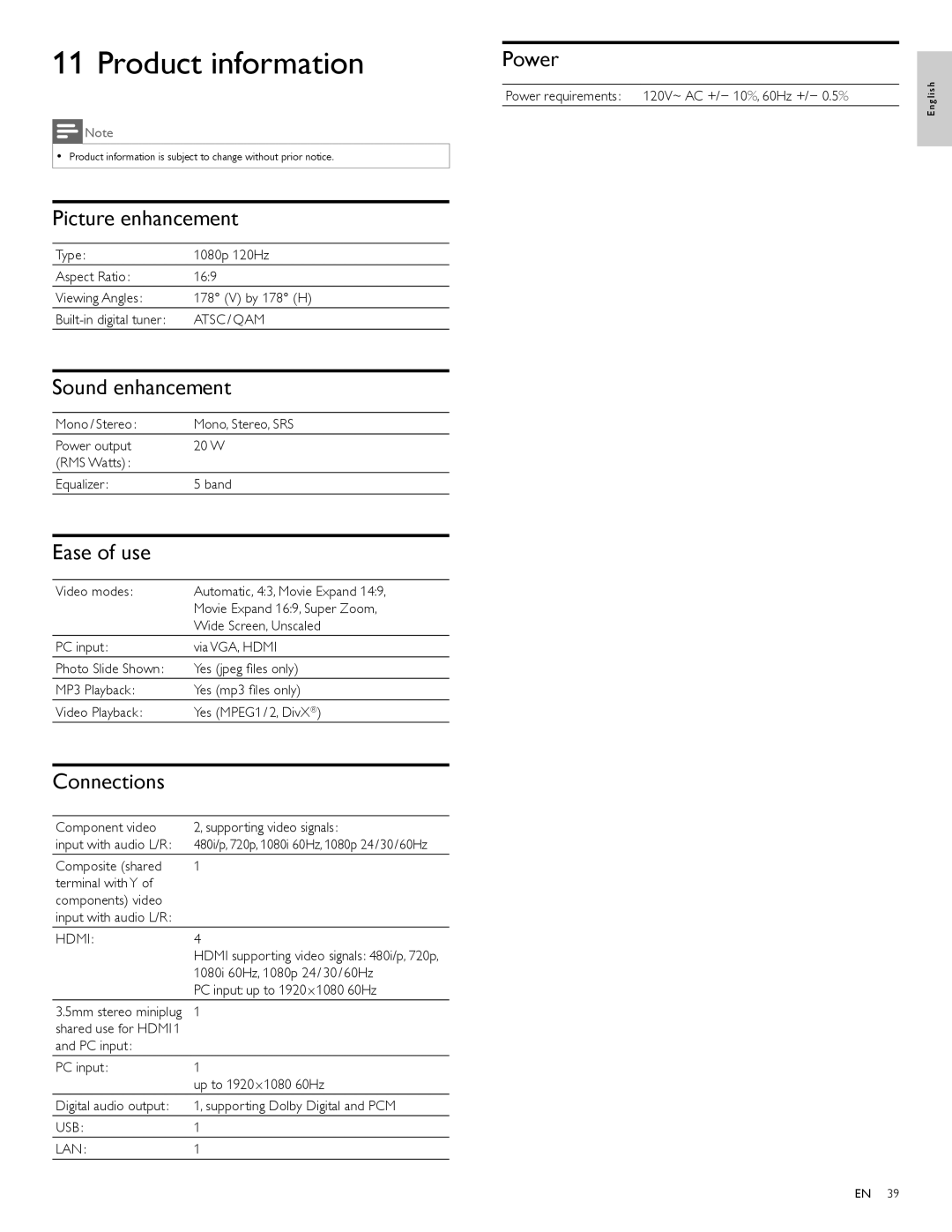 Philips 46PFL7705D, 40PFL7705D, 55PFL7705D user manual Product information 