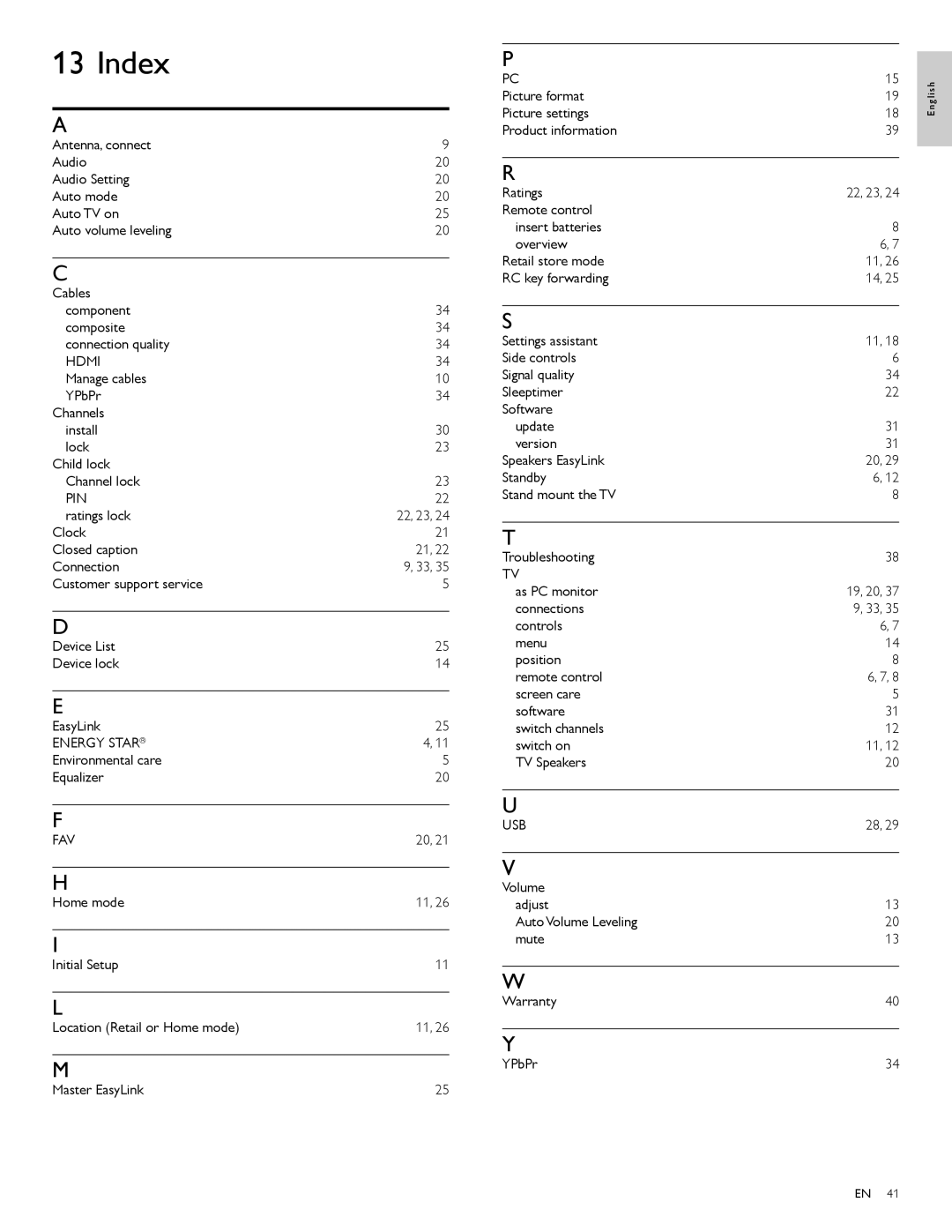 Philips 40PFL7705D, 46PFL7705D, 55PFL7705D user manual Index, Pin, Energy Star, Fav, Usb 