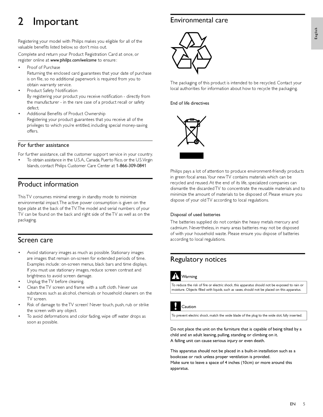 Philips 40PFL7705D Product information, Screen care, Environmental care, Regulatory notices, For further assistance 