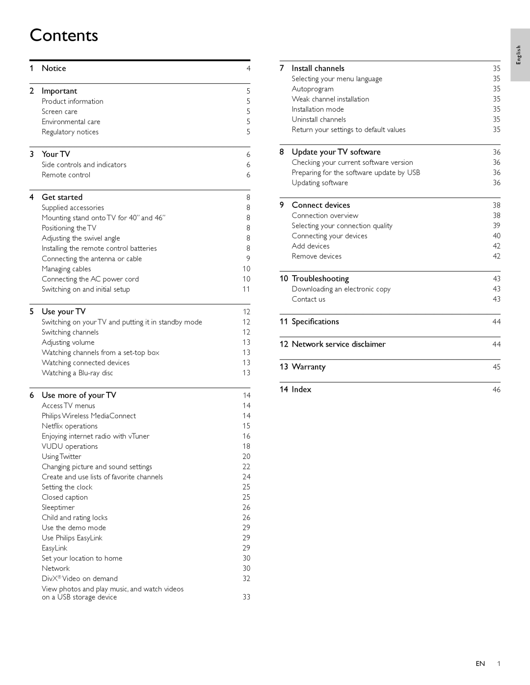 Philips 55PFL7705DV/F7, 40PFL7705DV, 46PFL7705DV user manual Contents 