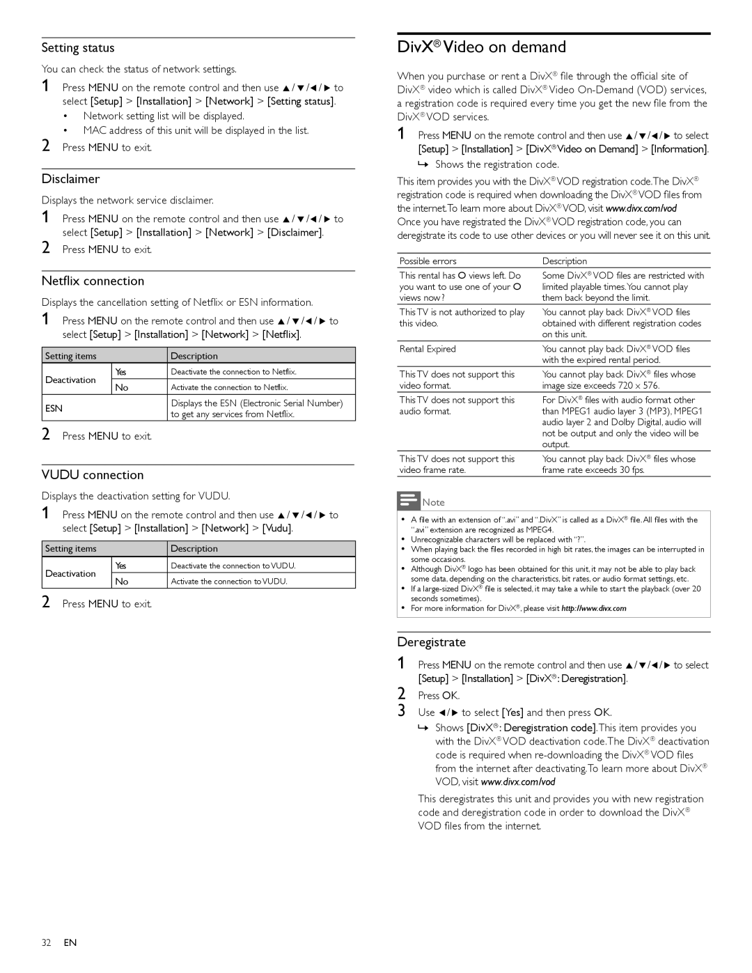 Philips 46PFL7705DV, 40PFL7705DV, 55PFL7705DV/F7 user manual DivX Video on demand 