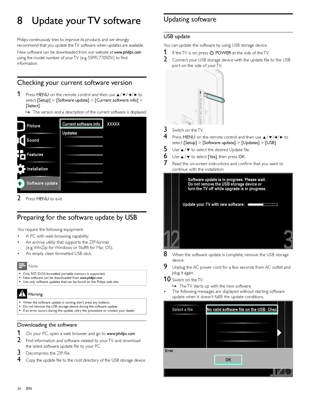 Philips 46PFL7705DV Updating software, Preparing for the software update by USB, USB update, Downloading the software 