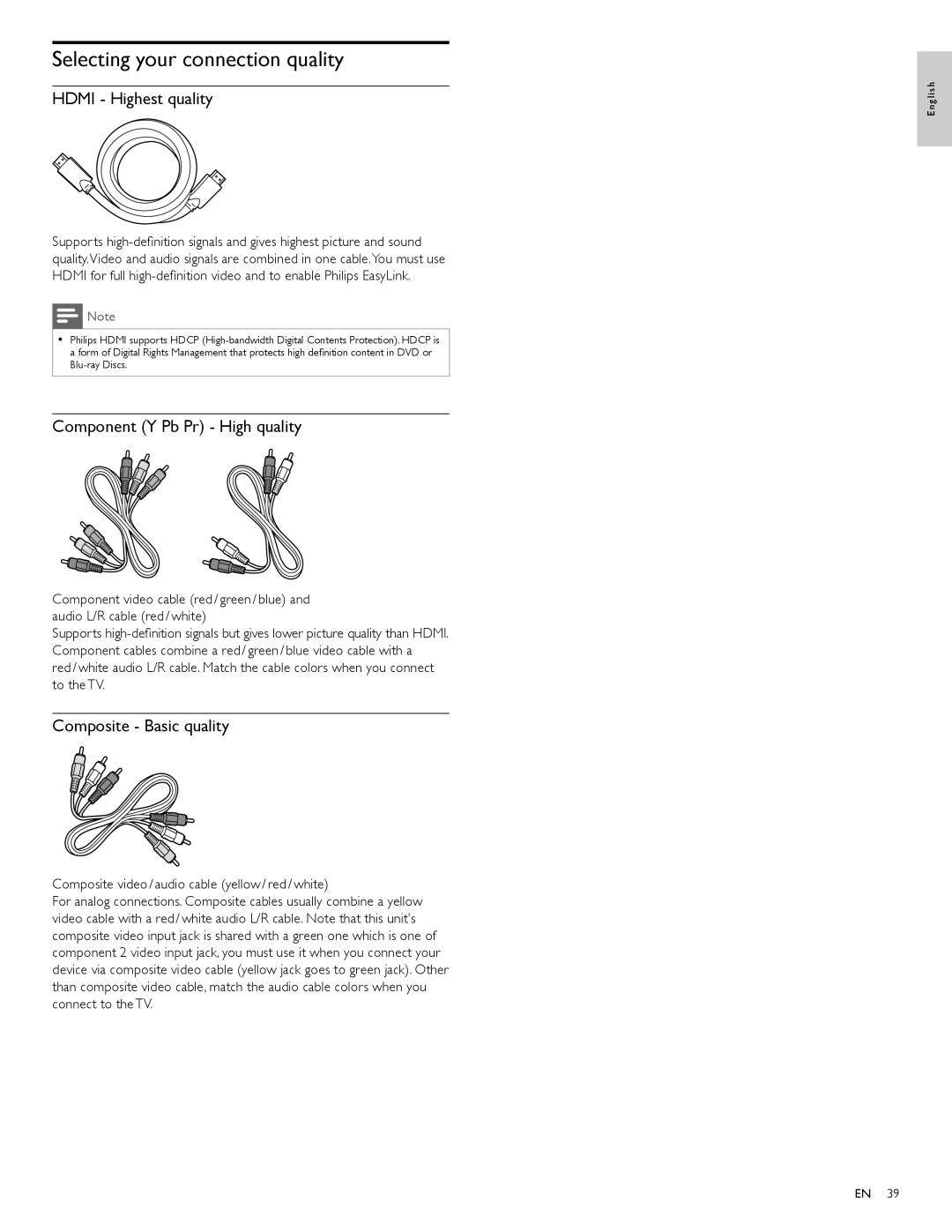 Philips 40PFL7705DV, 46PFL7705DV Selecting your connection quality, Hdmi Highest quality, Component Y Pb Pr High quality 