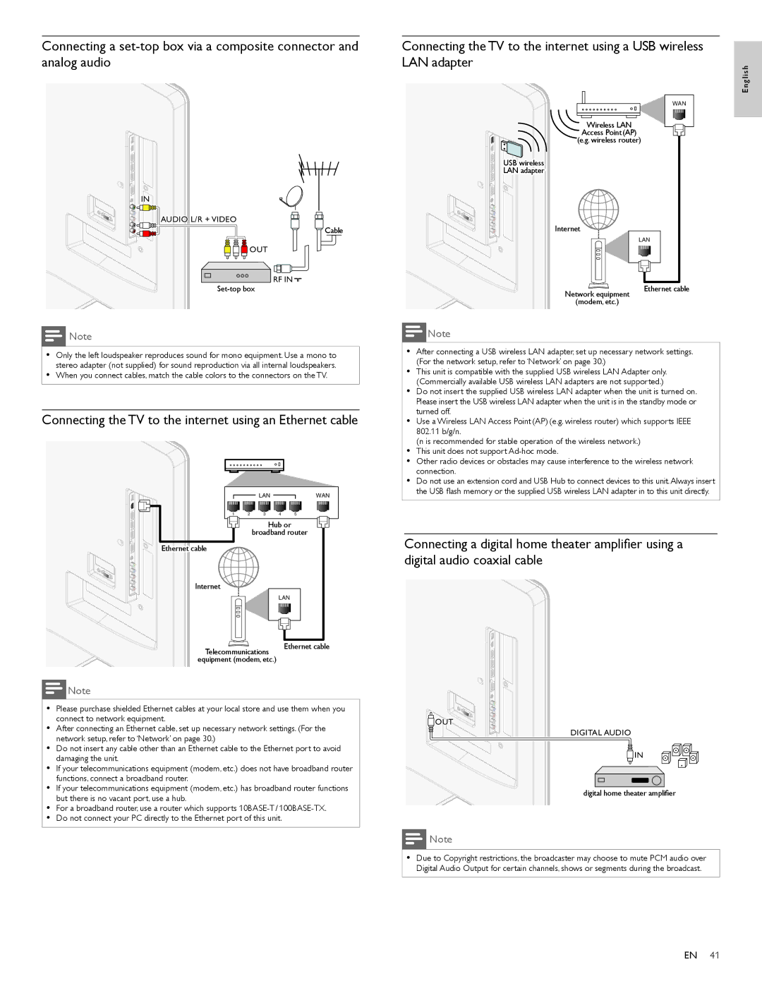 Philips 55PFL7705DV/F7, 40PFL7705DV, 46PFL7705DV Connecting the TV to the internet using an Ethernet cable, Digital Audio 