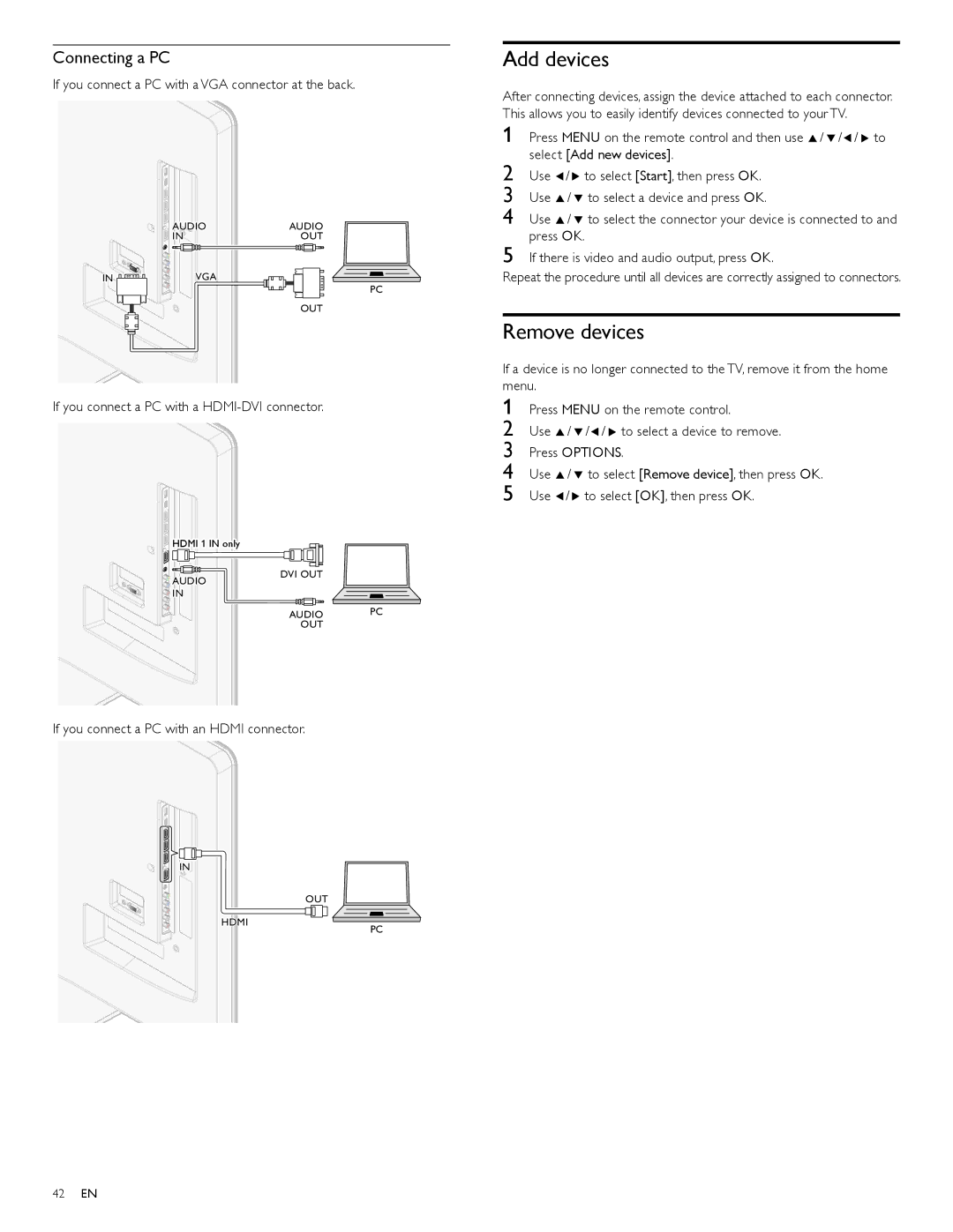 Philips 55PFL7705DV Add devices, Remove devices, Connecting a PC, If you connect a PC with a VGA connector at the back 