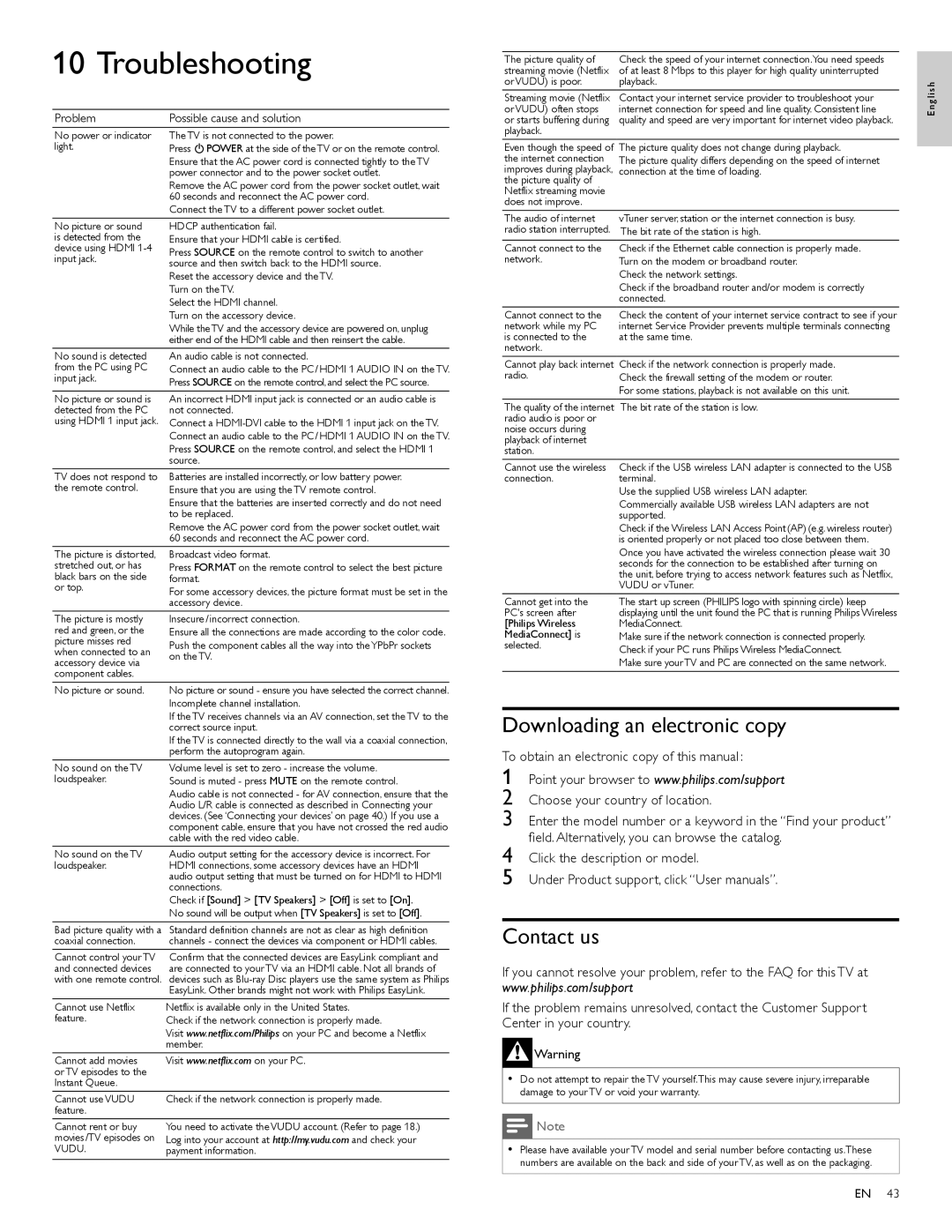 Philips 40PFL7705DV, 46PFL7705DV, 55PFL7705DV/F7 user manual Troubleshooting, Downloading an electronic copy, Contact us 