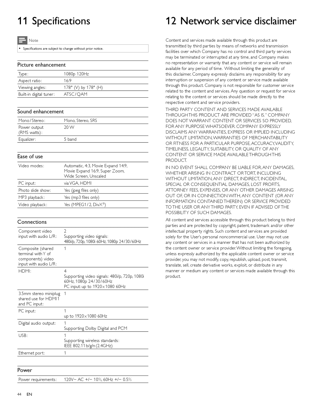 Philips 46PFL7705DV, 40PFL7705DV, 55PFL7705DV/F7 user manual Specifications, Network service disclaimer 