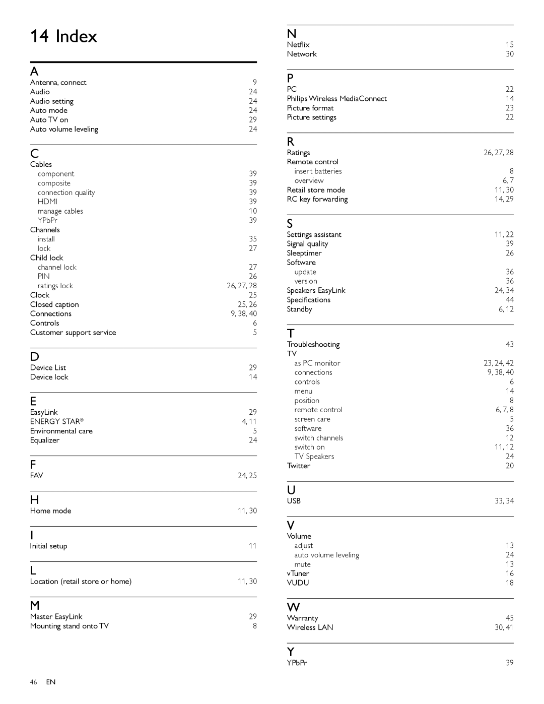 Philips 40PFL7705DV, 46PFL7705DV, 55PFL7705DV/F7 user manual Index, Pin, Energy Star, Fav, Vudu 