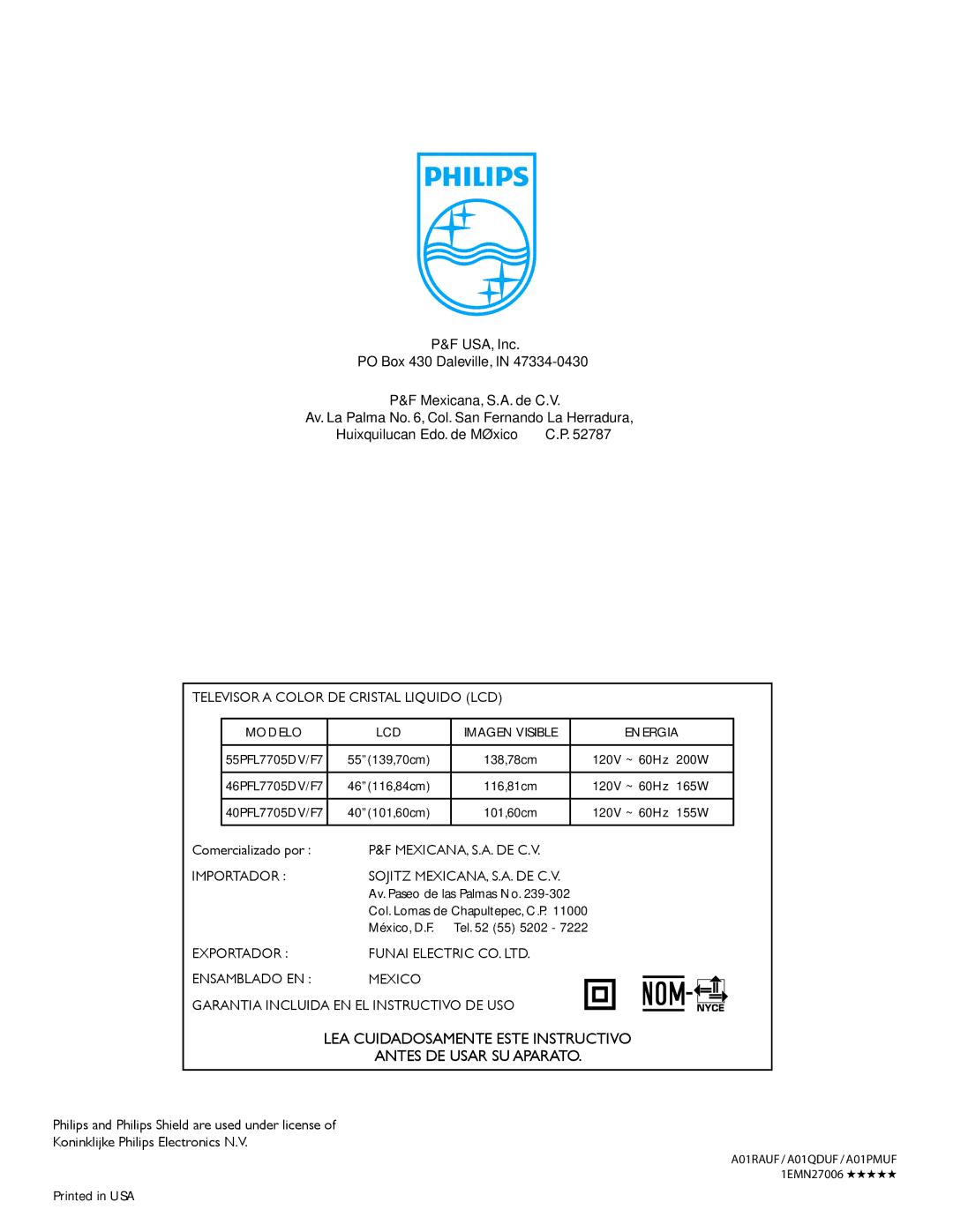 Philips 40PFL7705DV, 46PFL7705DV user manual Televisor a Color DE Cristal Liquido LCD Modelo, Energia, Mexicana, S.A. De C.V 