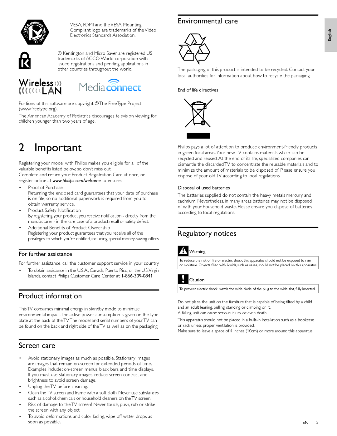 Philips 55PFL7705DV/F7 Product information, Screen care, Environmental care, Regulatory notices, For further assistance 
