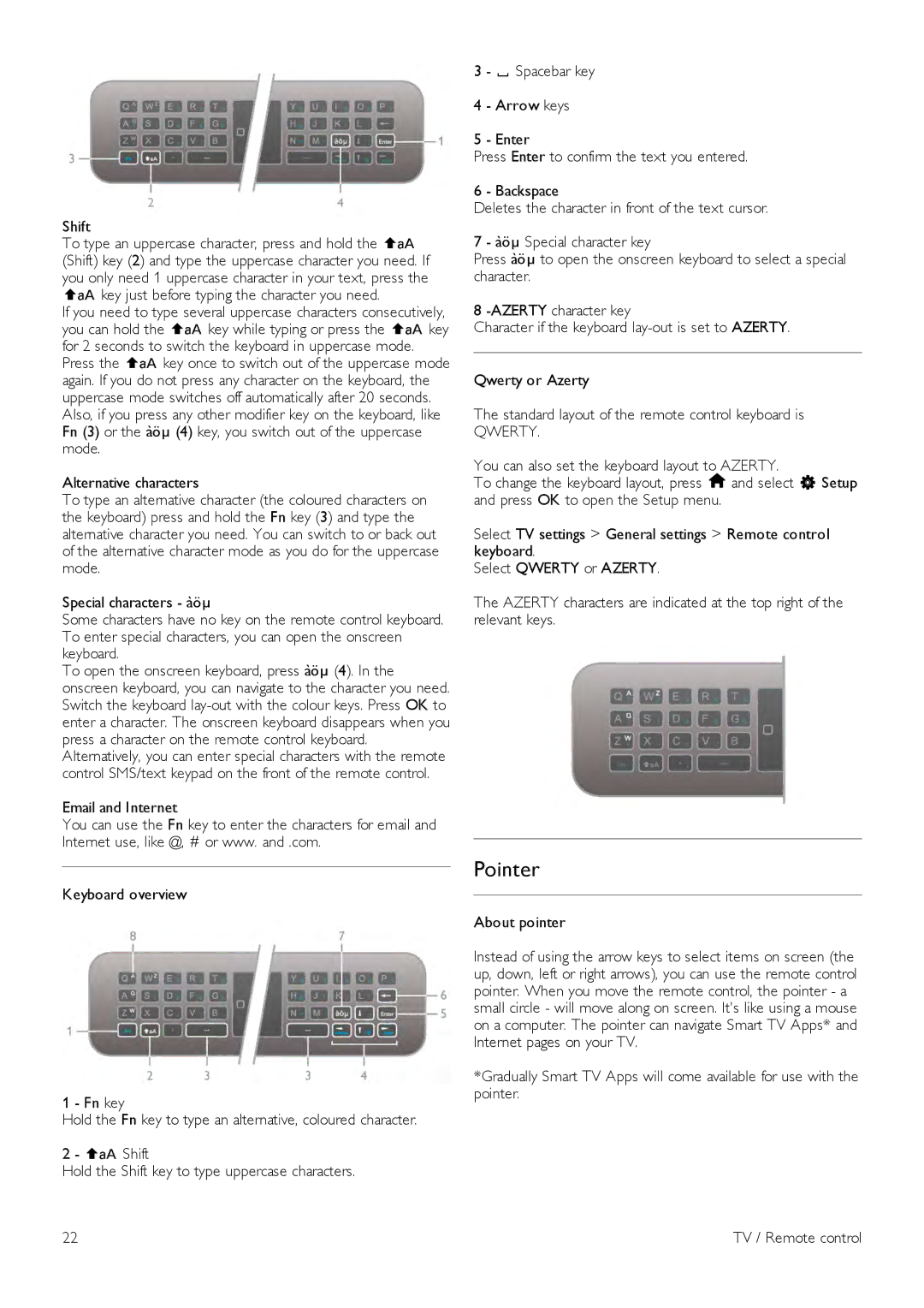 Philips 46PFL8007, 40PFL8007, 55PFL8007 manual Pointer, Shift, Qwerty, About pointer 