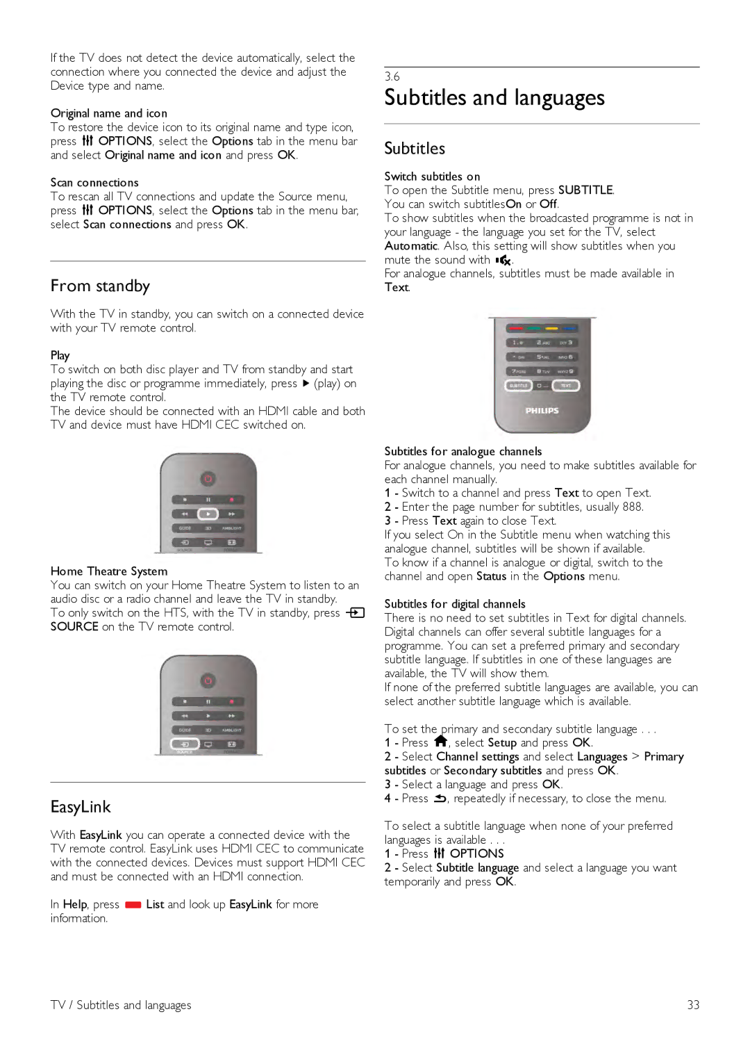 Philips 40PFL8007, 46PFL8007, 55PFL8007 manual Subtitles and languages, From standby, EasyLink 