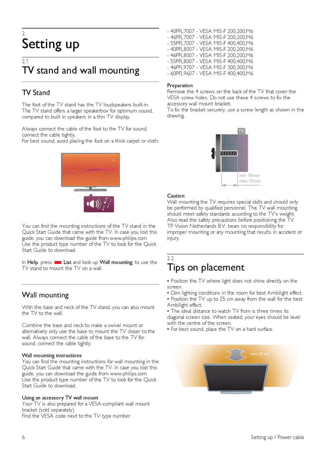 Philips 40PFL8007, 46PFL8007, 55PFL8007 Setting up, TV stand and wall mounting, Tips on placement, TV Stand, Wall mounting 