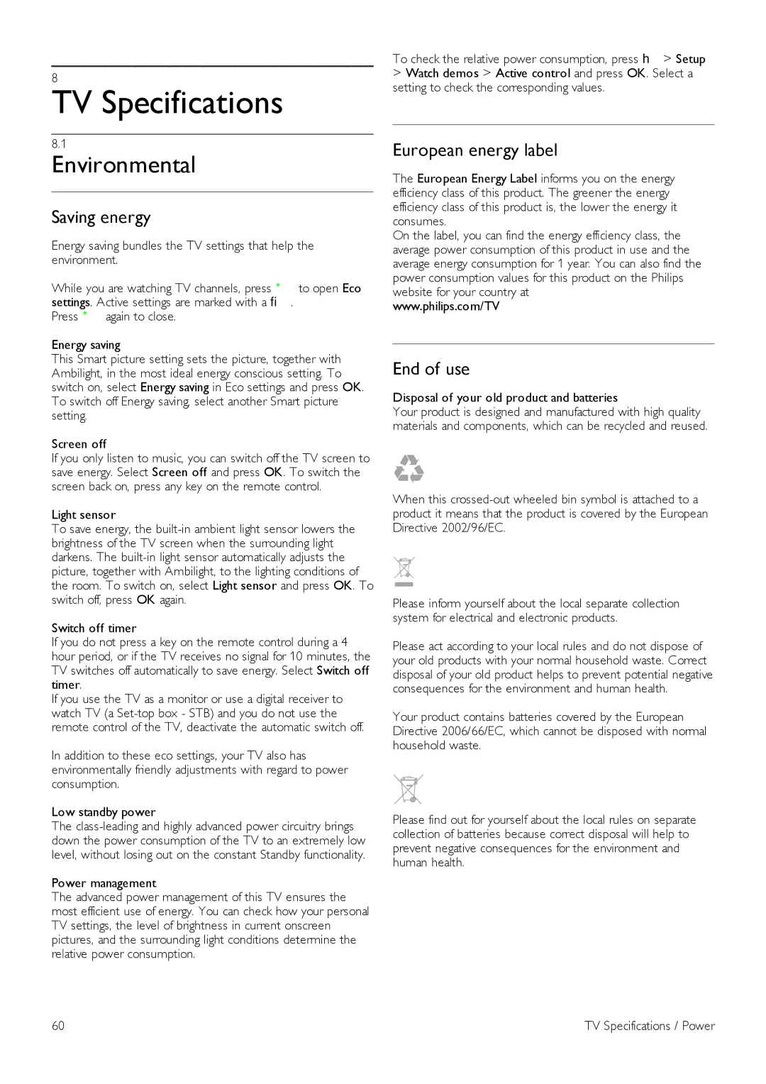 Philips 40PFL8007, 46PFL8007, 55PFL8007 TV Specifications, Environmental, Saving energy, European energy label, End of use 