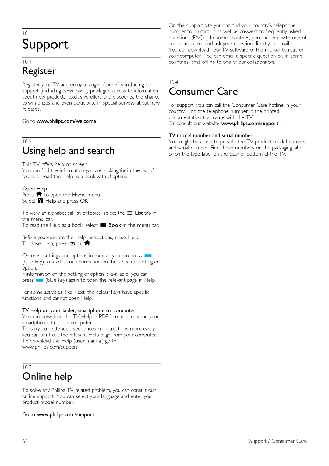 Philips 46PFL8007, 40PFL8007, 55PFL8007 manual Support, Register, Using help and search, Online help, Consumer Care 