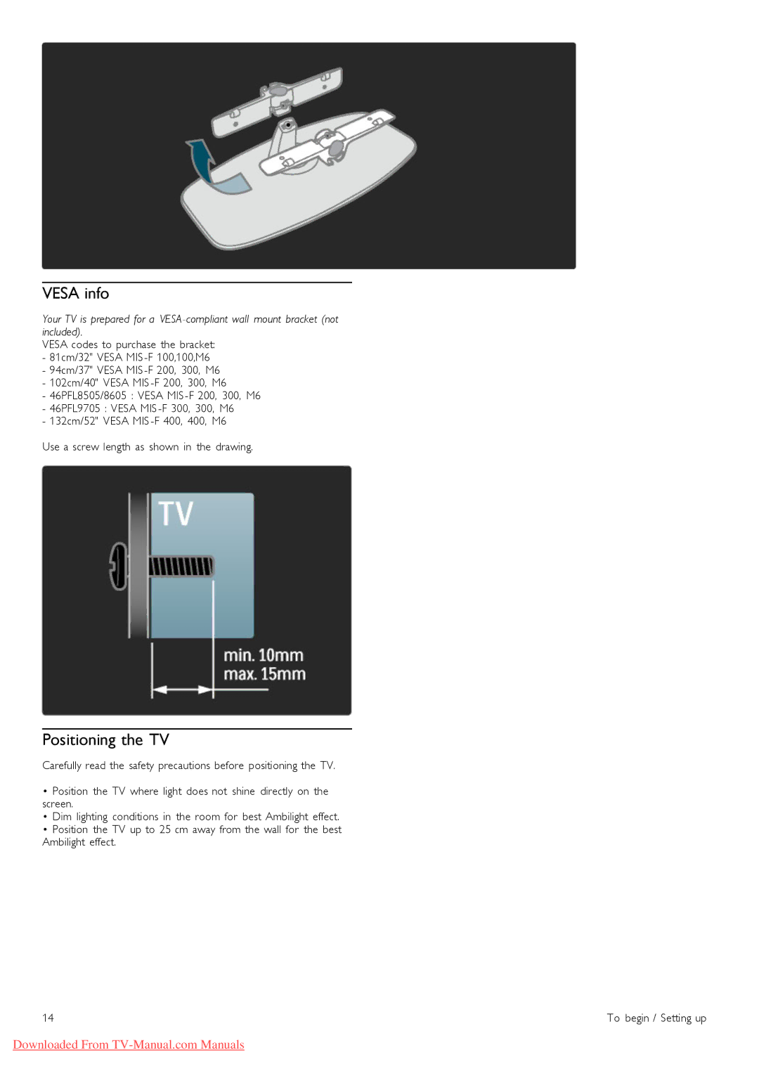 Philips 40PFL8505, 46PFL8505 manual Vesa info, Positioning the TV 