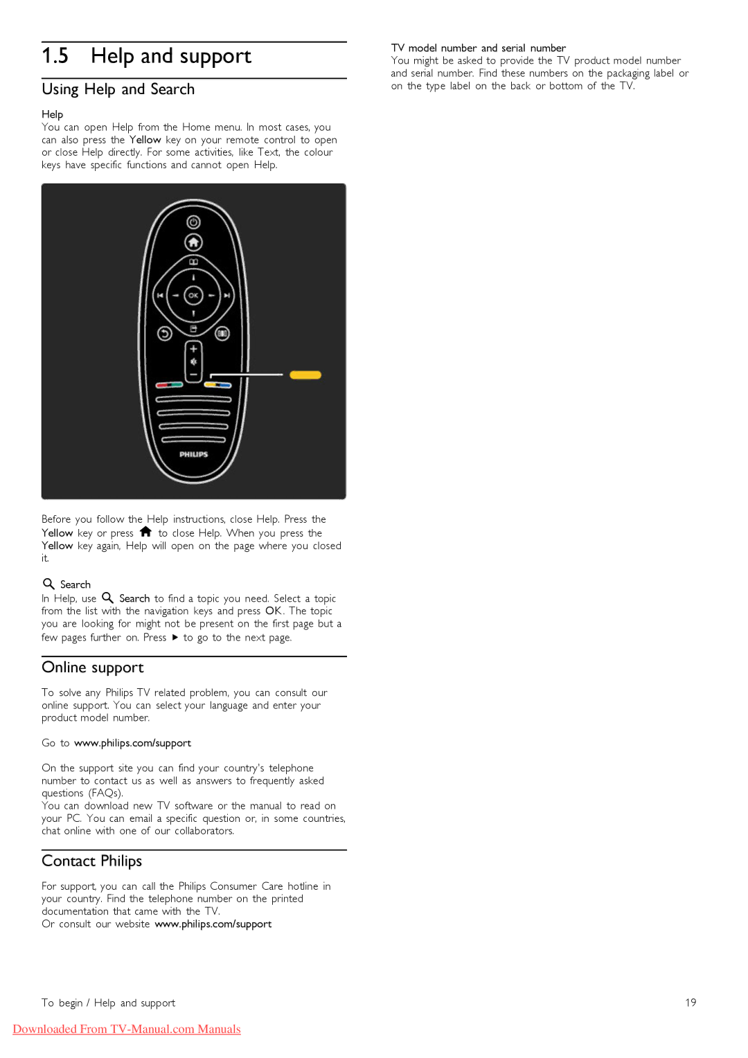 Philips 46PFL8505, 40PFL8505 manual Help and support, Using Help and Search, Online support, Contact Philips 