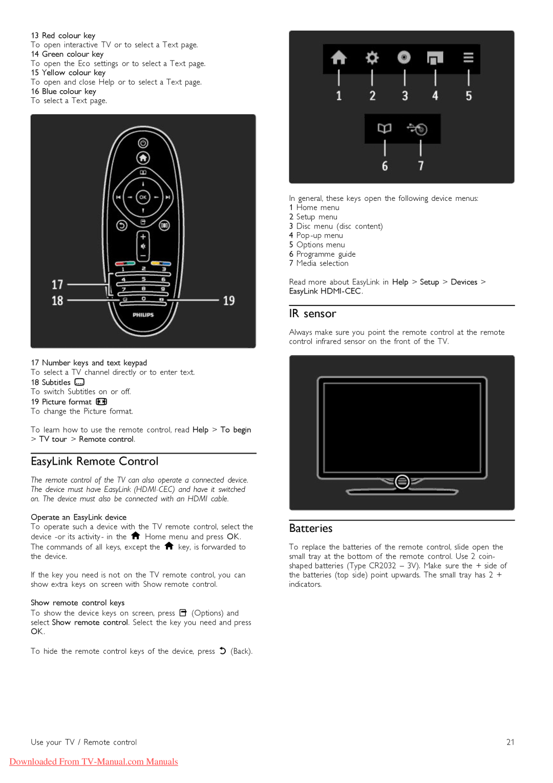 Philips 46PFL8505, 40PFL8505 manual EasyLink Remote Control, IR sensor, Batteries 