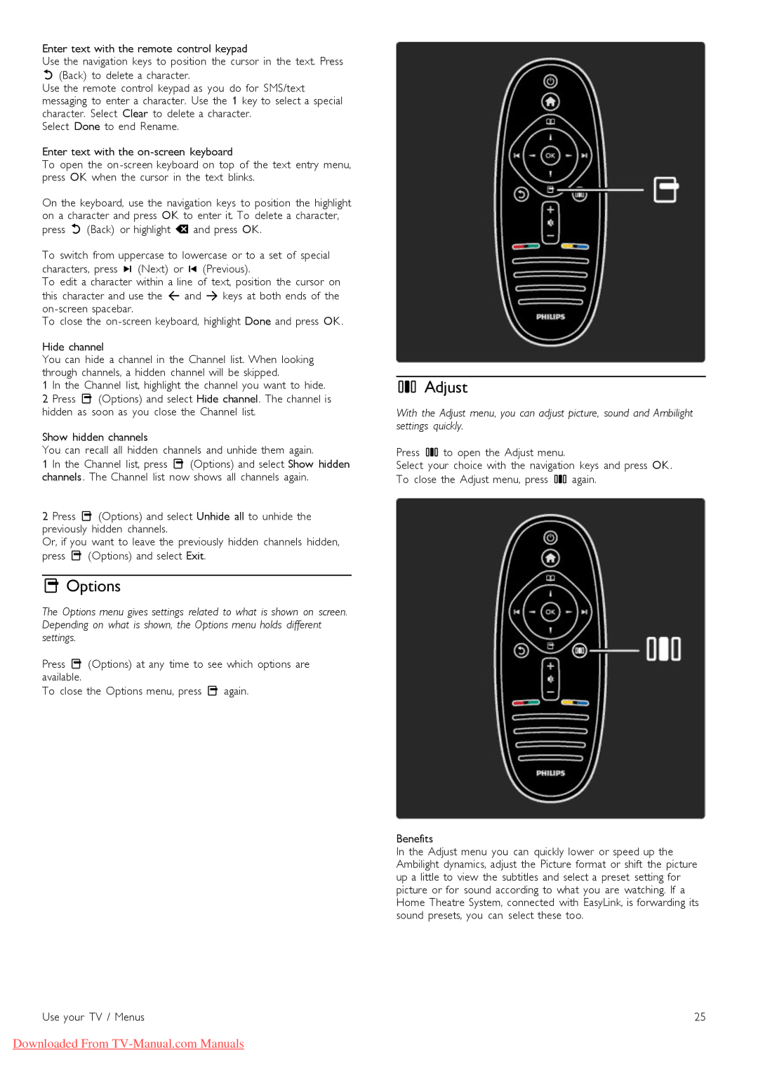 Philips 46PFL8505, 40PFL8505 manual Options, Adjust 