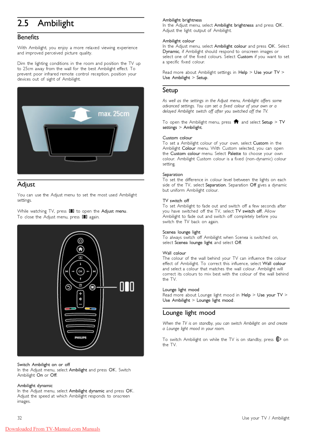 Philips 40PFL8505, 46PFL8505 manual Ambilight, Benefits, Setup, Lounge light mood 