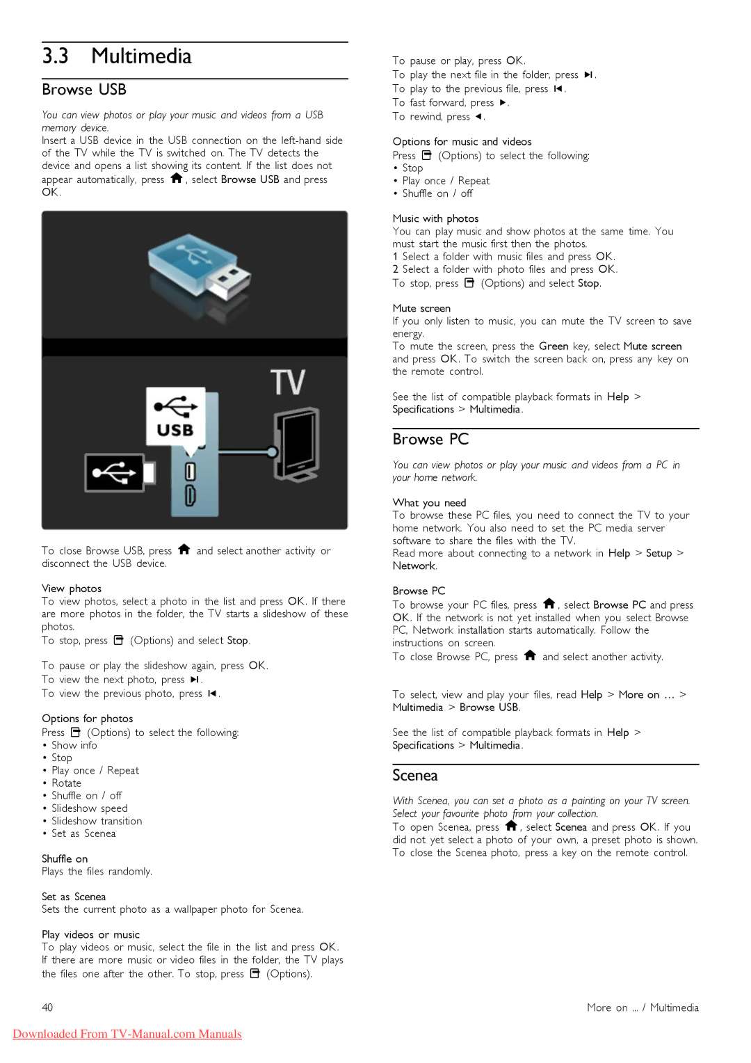 Philips 40PFL8505, 46PFL8505 manual Browse USB, Browse PC, Scenea, More on ... / Multimedia 