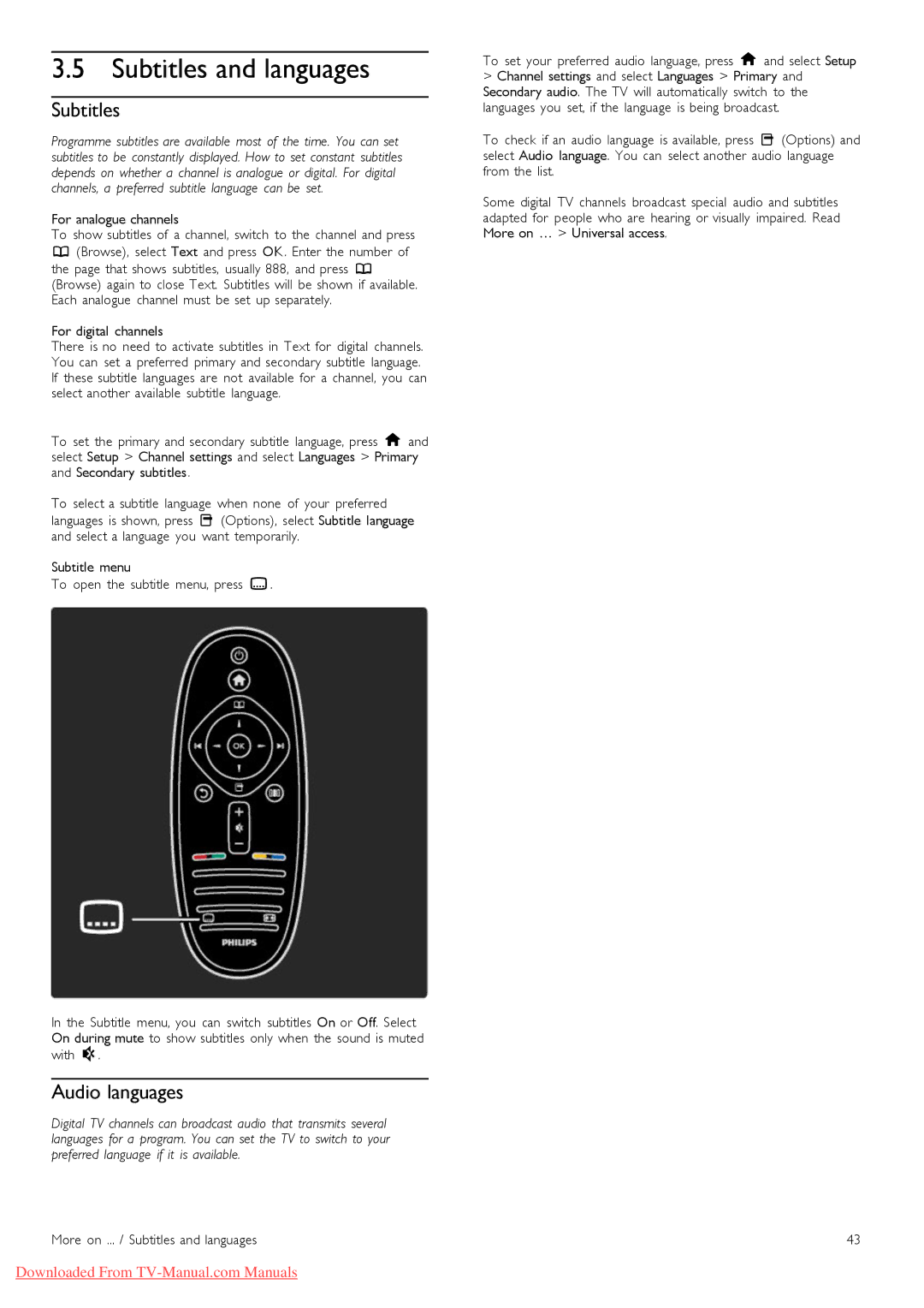 Philips 46PFL8505, 40PFL8505 manual Subtitles and languages, Audio languages, For analogue channels, For digital channels 