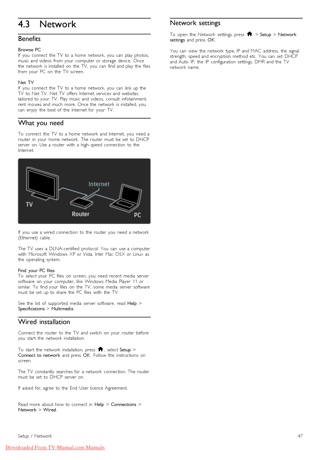 Philips 46PFL8505, 40PFL8505 manual Wired installation, Network settings 