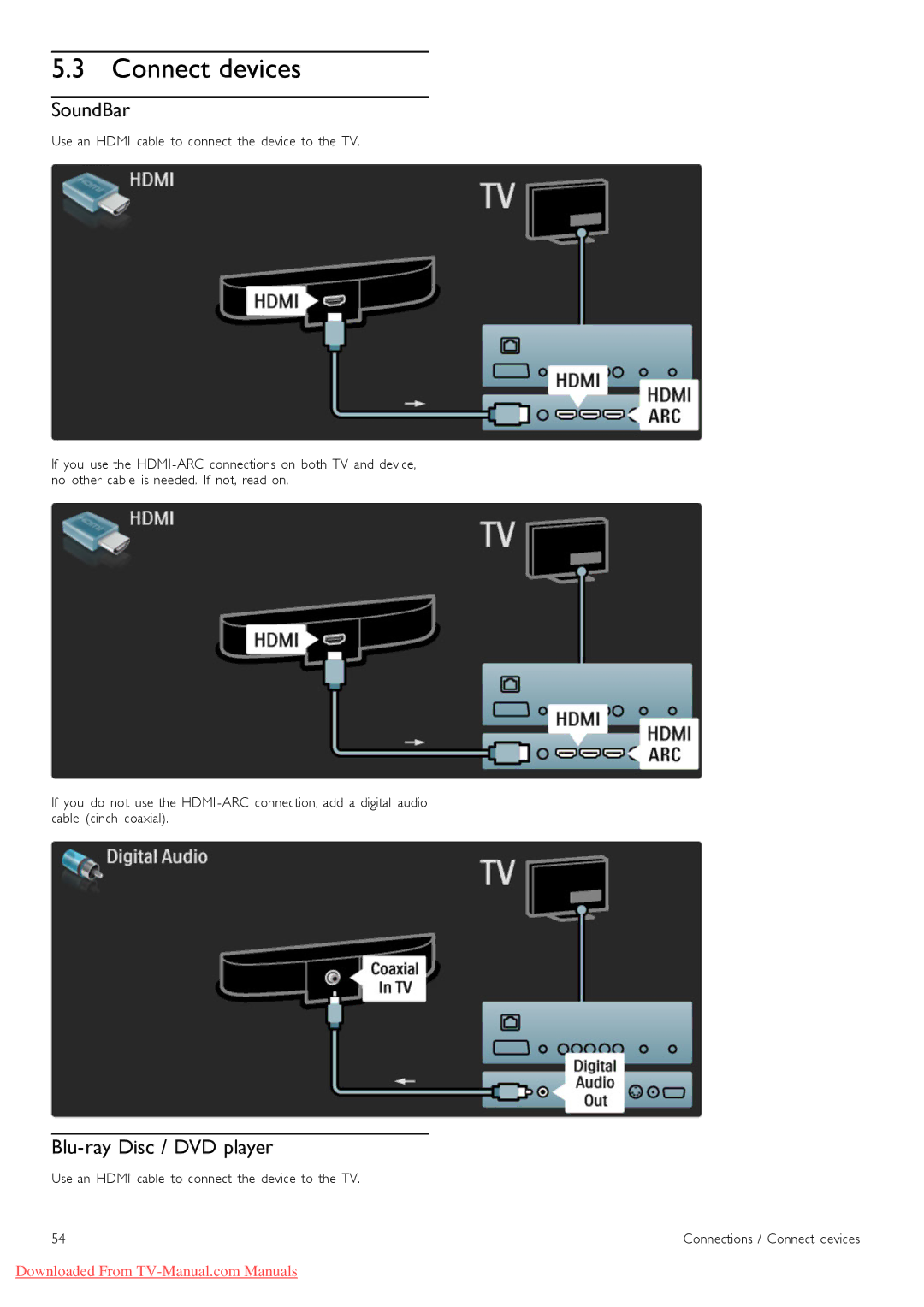 Philips 40PFL8505 Connect devices, SoundBar, Blu-ray Disc / DVD player, Use an Hdmi cable to connect the device to the TV 