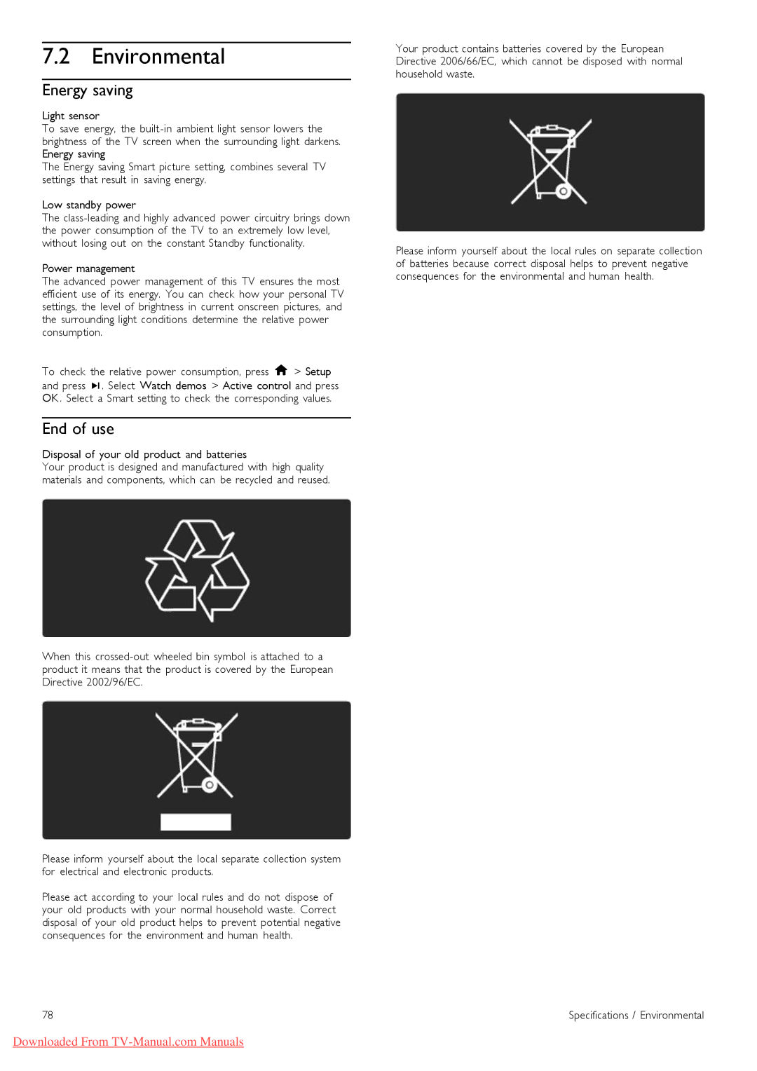 Philips 40PFL8505, 46PFL8505 manual Environmental, Energy saving, End of use, Disposal of your old product and batteries 