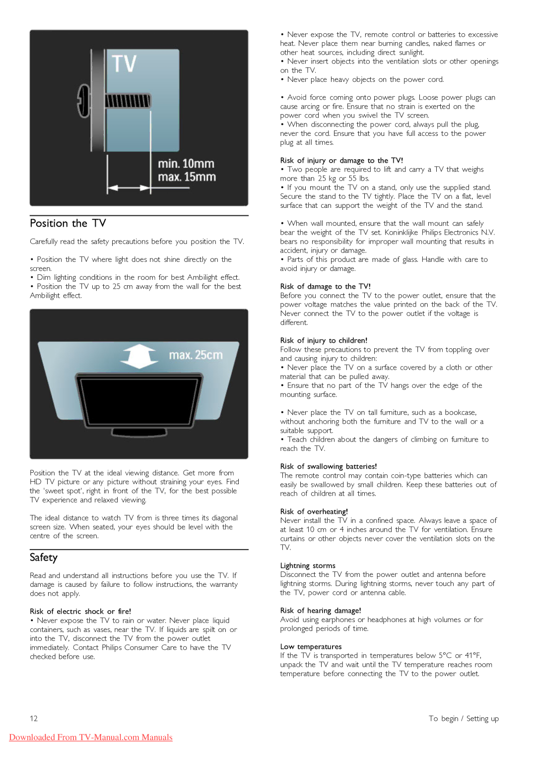 Philips 40PFL9715, 46PFL9715 manual Position the TV, Safety 