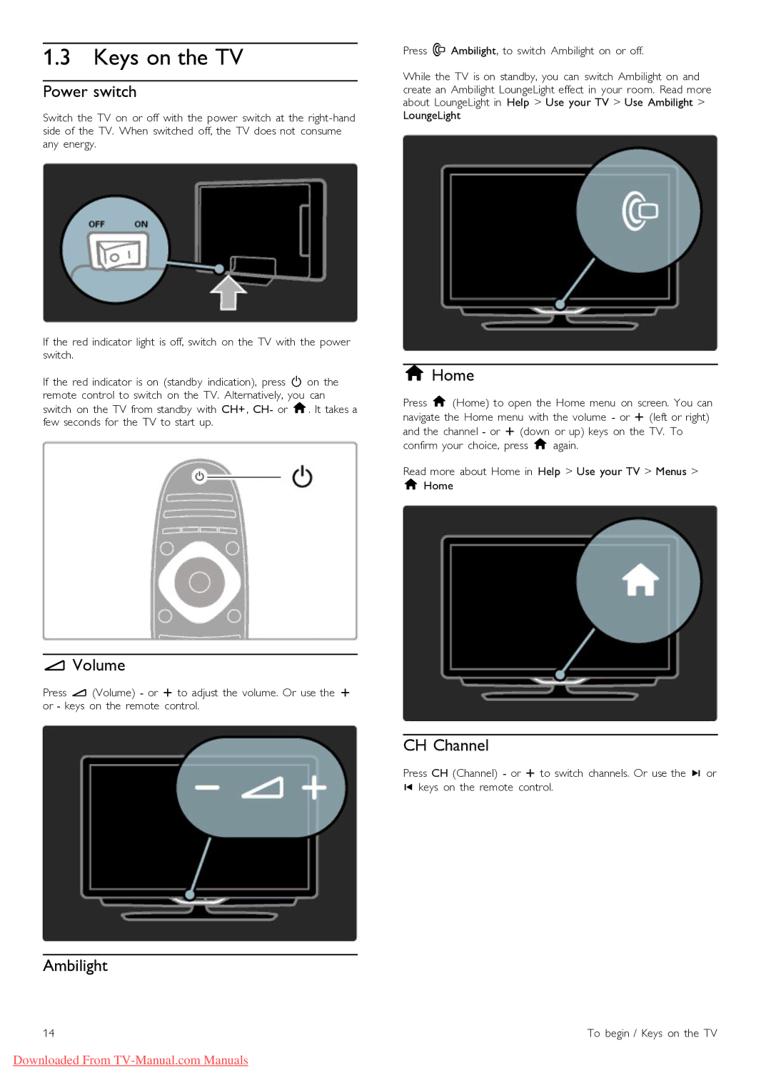 Philips 40PFL9715, 46PFL9715 manual Keys on the TV 