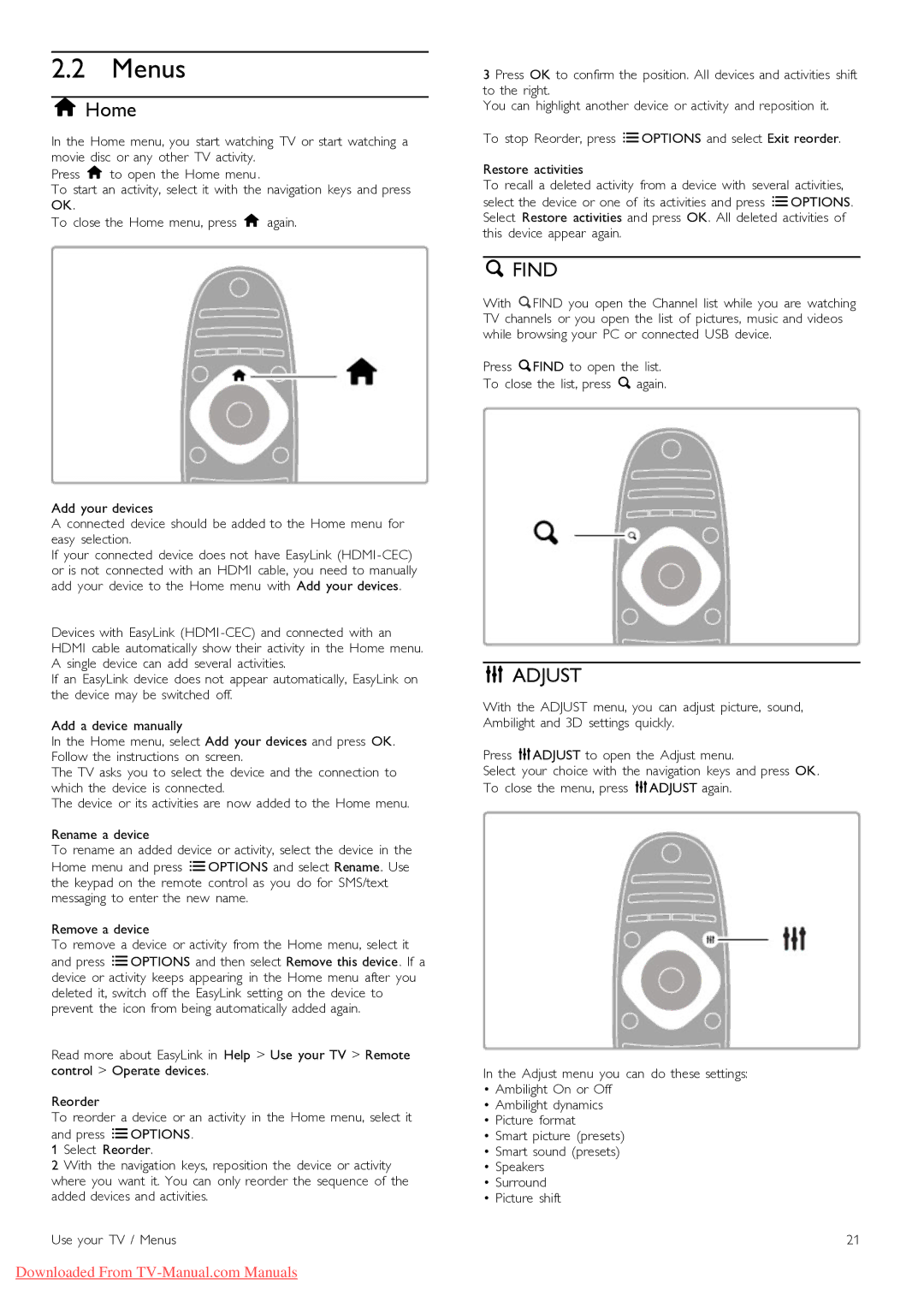 Philips 46PFL9715, 40PFL9715 manual Menus, Adjust 