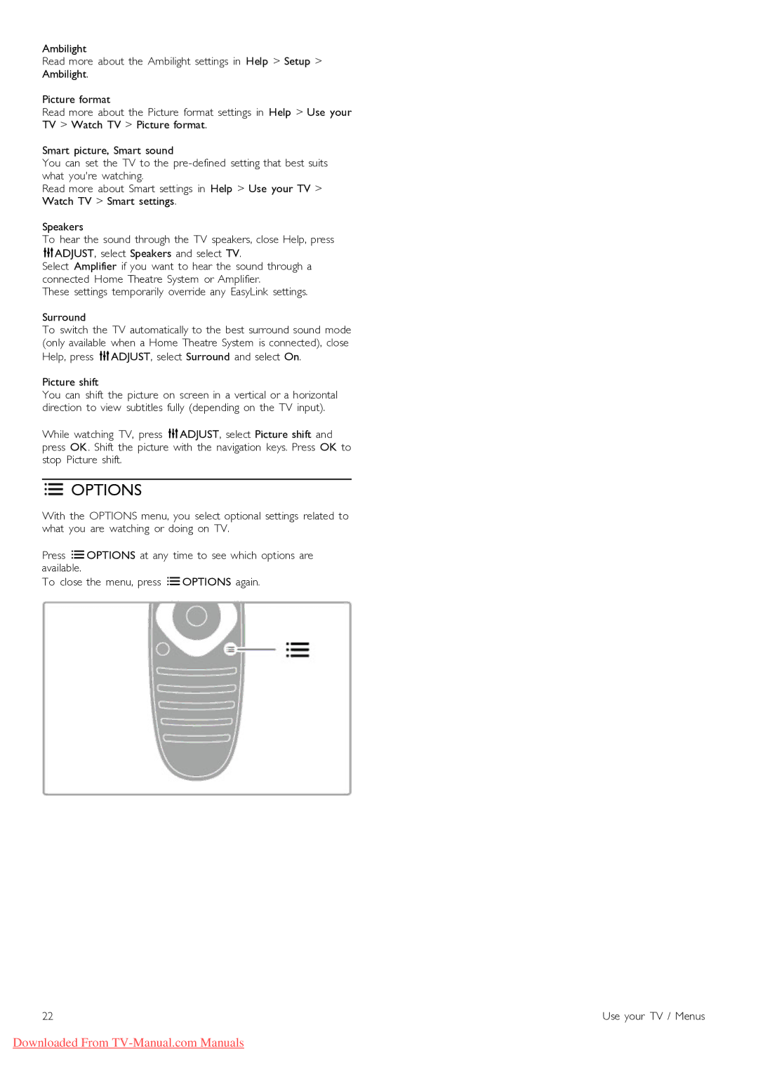 Philips 40PFL9715, 46PFL9715 manual Options 