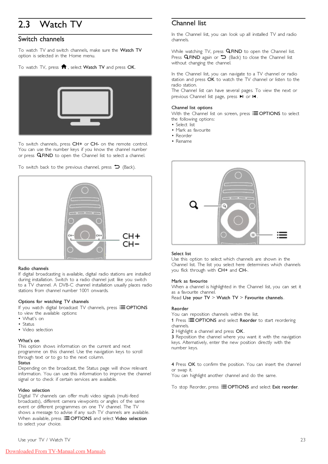 Philips 46PFL9715, 40PFL9715 manual Watch TV, Switch channels, Channel list 