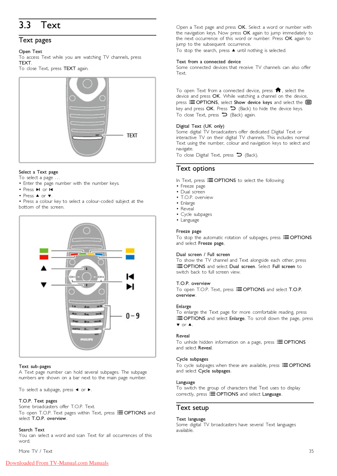 Philips 46PFL9715, 40PFL9715 manual Text pages, Text options, Text setup 