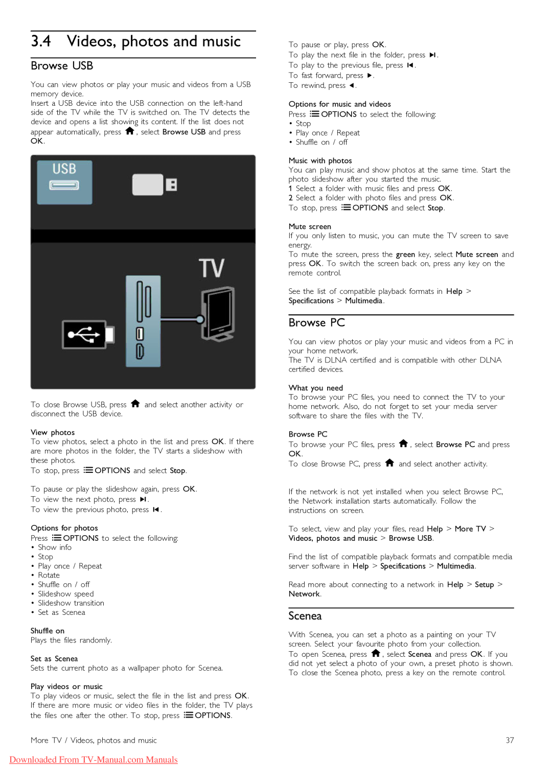 Philips 46PFL9715, 40PFL9715 manual Videos, photos and music, Browse USB, Browse PC, Scenea 