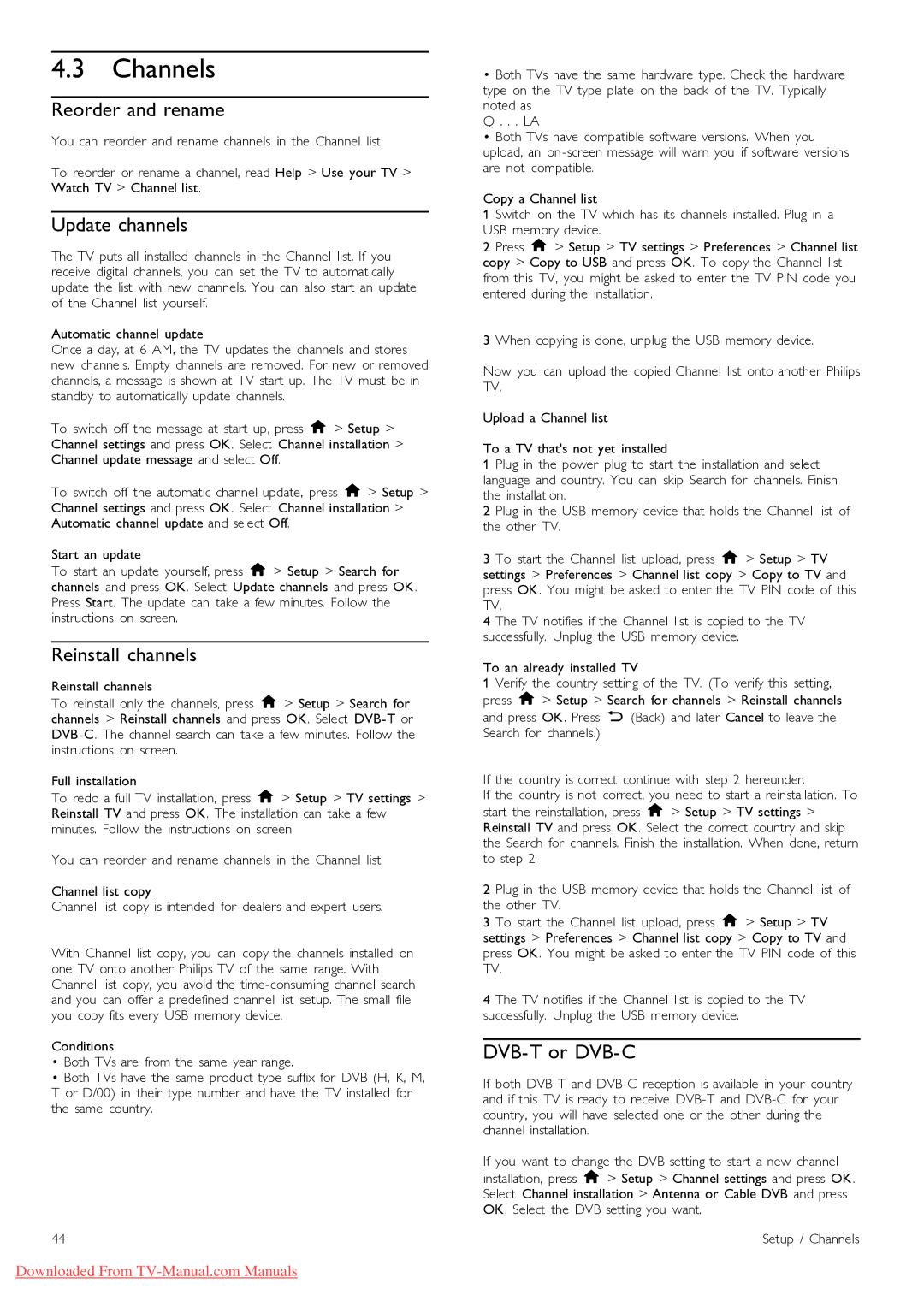 Philips 40PFL9715, 46PFL9715 manual Channels, Reorder and rename, Update channels, Reinstall channels, DVB-T or DVB-C 