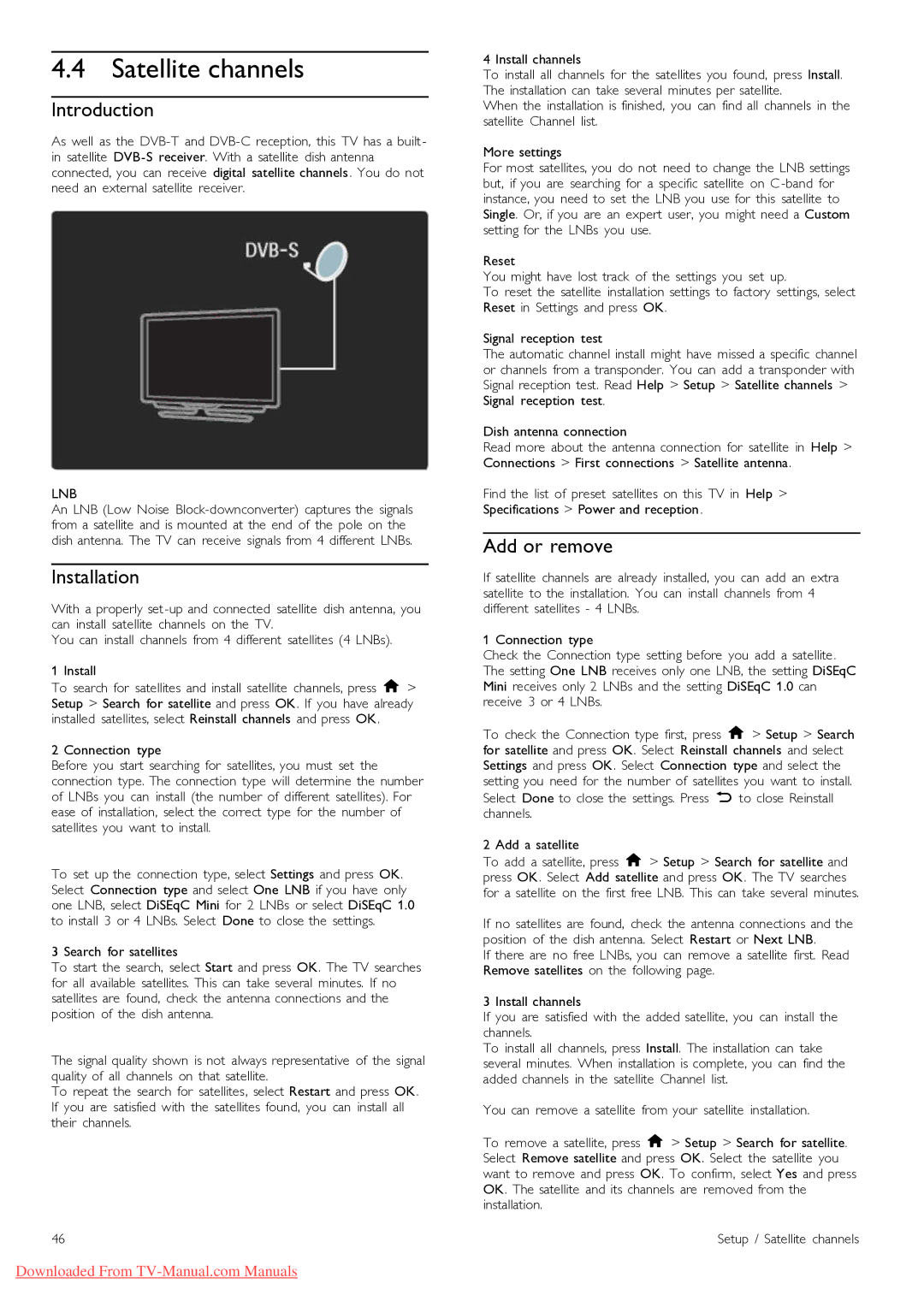 Philips 40PFL9715, 46PFL9715 manual Satellite channels, Introduction, Installation, Add or remove 