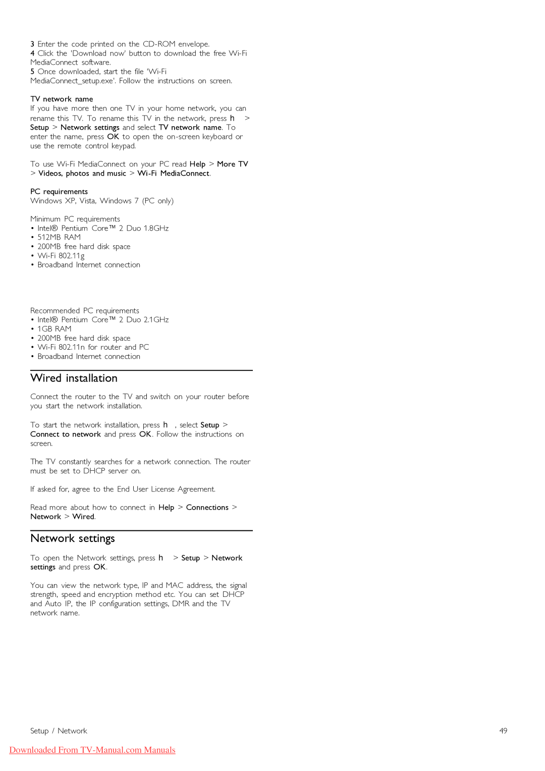 Philips 46PFL9715, 40PFL9715 manual Wired installation, Network settings 