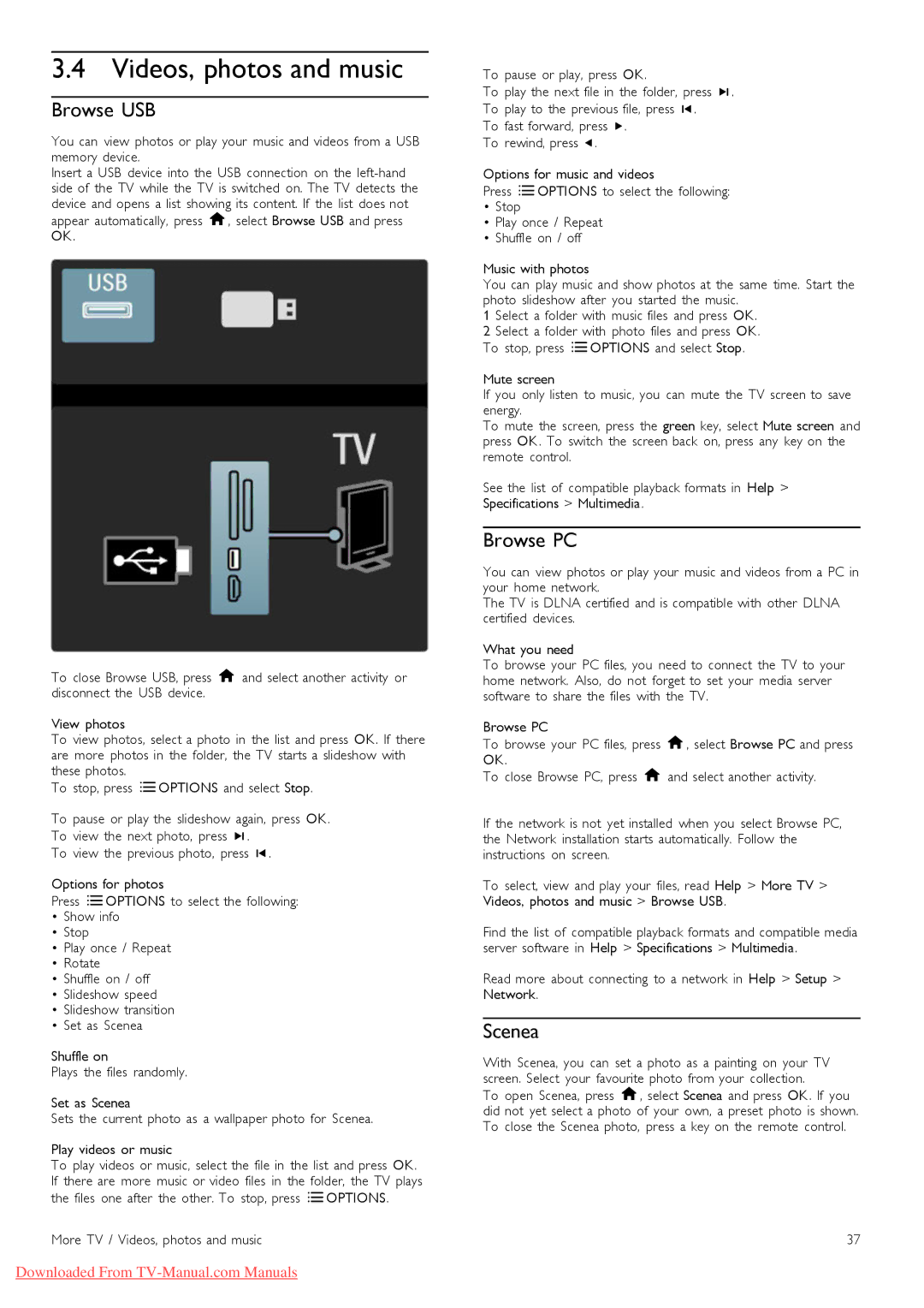 Philips 40PFL97151K manual Videos, photos and music, Browse USB, Browse PC, Scenea 