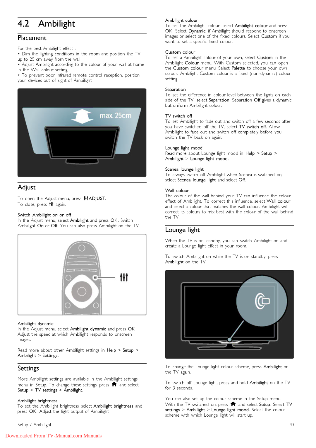 Philips 40PFL97151K manual Ambilight, Placement, Settings, Lounge light 