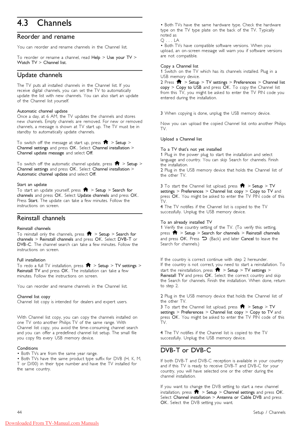 Philips 40PFL97151K manual Channels, Reorder and rename, Update channels, Reinstall channels, DVB-T or DVB-C 