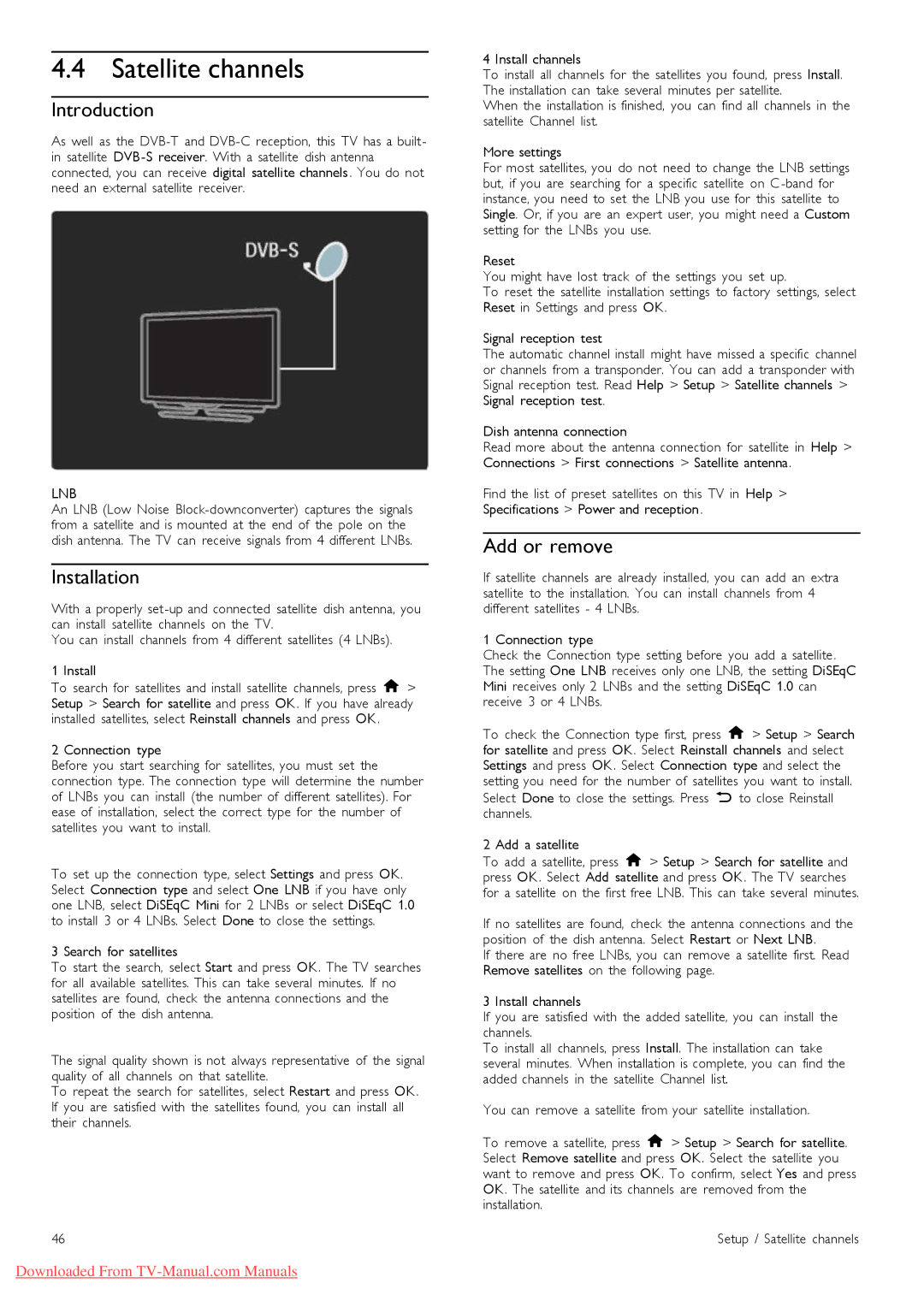 Philips 40PFL97151K manual Satellite channels, Introduction, Installation, Add or remove 