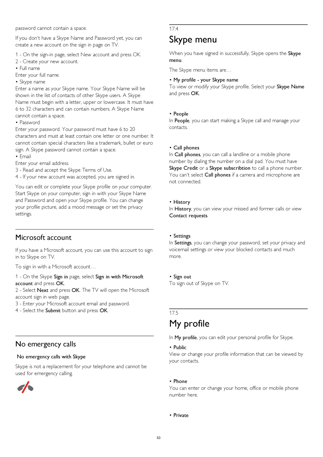 Philips 32PFK5709 Skype menu, My profile, Microsoft account, No emergency calls, Password cannot contain a space 