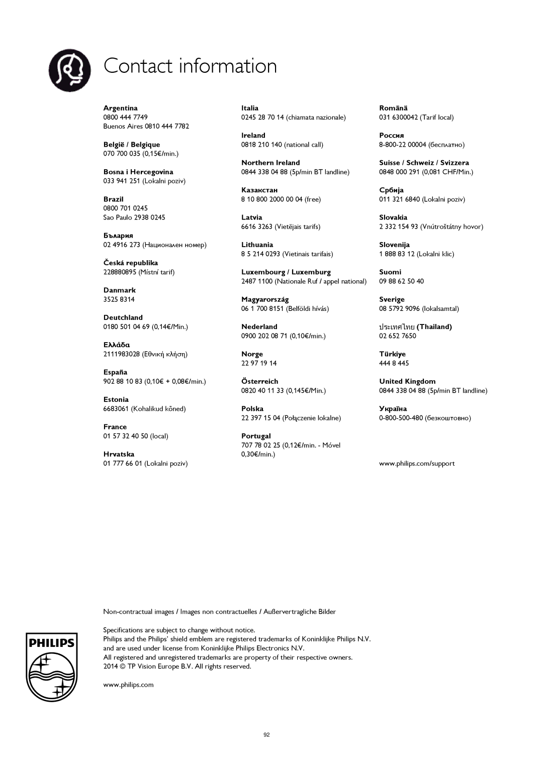 Philips 55PFK5709, 40PFS5709, 55PFS5709, 48PFS5709, 48PFK5709, 32PFK5709, 40PFK5709, 32PFS5709 user manual Contact information 